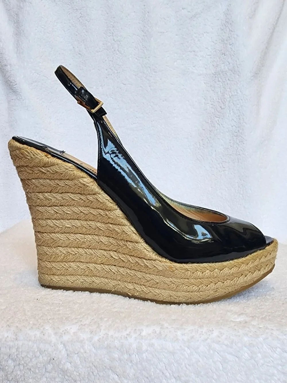 Jimmy Choo Navy Patent Leather Peep Toe Slingback Espadrille Platform Wedges
